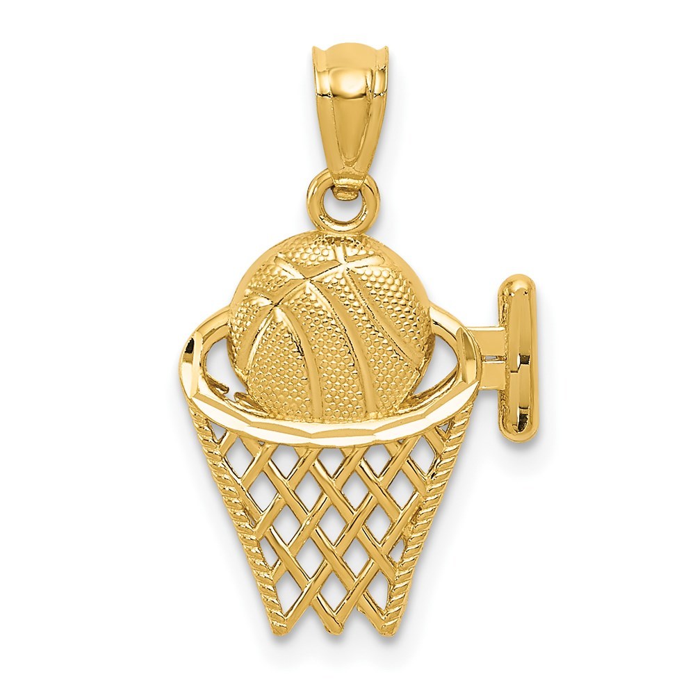 14k Yellow Gold Genuine Sports Basketball in the Net Necklace Charm Pendant